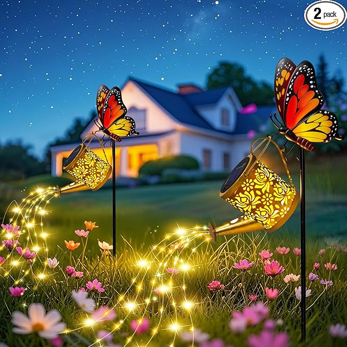 Solar Lights Outdoor Decorative, Watering Can with Cascading Lights on Butterfly Shepherd's Hook, Solar Garden Stake Decor for Yard Pathway,Gift for Women Mom (2pcs-Butterfly Garden Stakes)