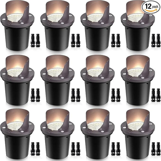 SUNVIE 12-Pack 12W 3000K LED Low Voltage Landscape Well Lights, Shield Top | 12-24V AC/DC, Waterproof, Anti-Glare, Die-Cast Aluminum In-Ground Lights for Pathway Garden Yard, Connectors Included