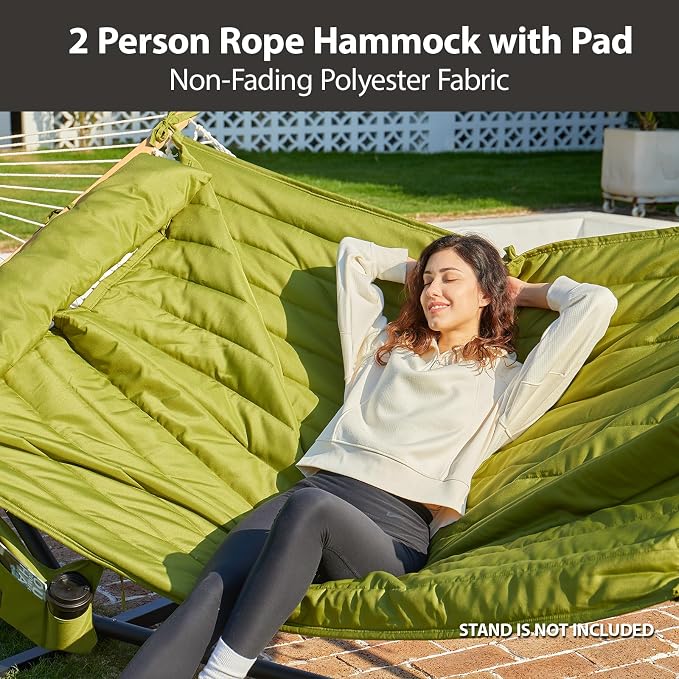 CHULIM Outdoor Double Hammock with Hardwood Spreader Bars, Large Rope Hammock with Polyester Pad and Pillow, 475 LBS Capacity for 2 Person Patio Backyard Poolside - Green