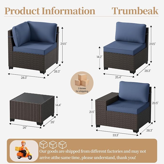 Patio Furniture Set 6 Pieces Outdoor Sectional Sofa Set,PE Rattan Wicker Patio Conversation Set with Thickened Cushions and Glass Coffee Table,NavyBlue