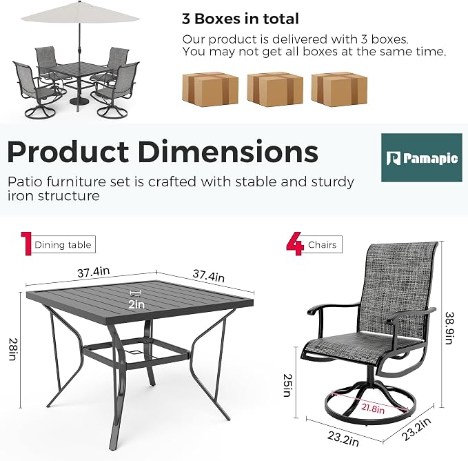 5-Piece Outdoor Dining Set, Patio Furniture Set with Textilene Swivel Chairs, Outdoor Table & 4 Chairs for Garden, Backyard, Poolside, Deck, Charcoal