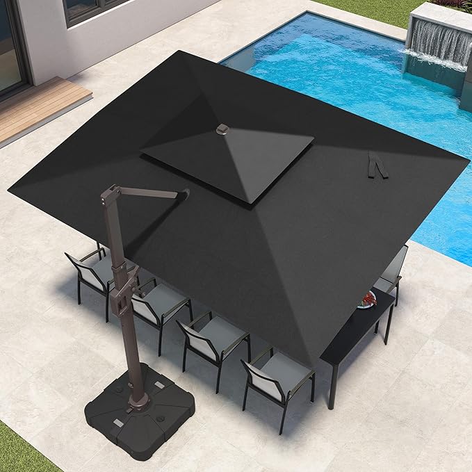 9x12 FT Patio Umbrella with Weighted Base and LED Lights Cantilever Outdoor Large Heavy Duty Rectangle Aluminum Offset Umbrellas Double Top 360 Rotation for Pool Deck Garden, Black