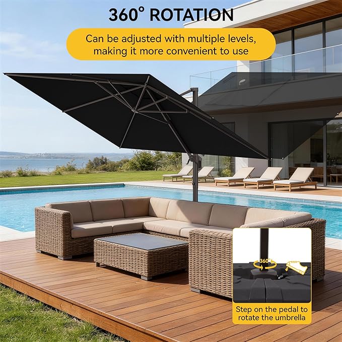 9x12 FT Cantilever Patio Umbrella with Base, Large Rectangular Offset Outdoor Umbrella with 360° Rotation, Heavy Duty Shade Umbrella for Garden Backyard Deck Poolside Courtyard, Black