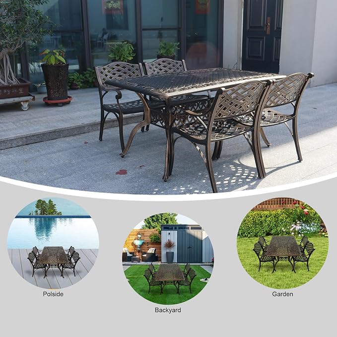 5 Piece Outdoor Dining Set, Cast Aluminum Patio Dining Set for 4 Person, Patio Furniture Set with 59" Rectangle Patio Table(2.56" Umbrella Hole) and 4 Chairs
