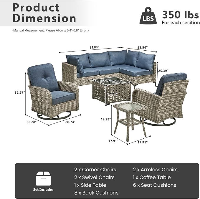 Outdoor Patio Furniture Sets, 8 PCS Patio Conversation Set Outside Rattan Sectional Sofa with Wicker Rocking Chairs Coffee Table Soft Cushion Fit Backyard Porch Garden Poolside Balcony