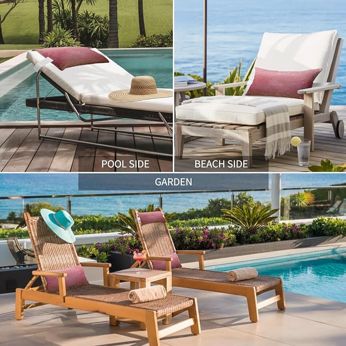 Chaise Lounge Headrest Pillow 1 Pack, Red Ombre Waterproof Chair Pillows with Insert & Adjustable Elastic Strap for Beach Pool Recliner, Geometric Stained Glass Outdoor Patio Pillow