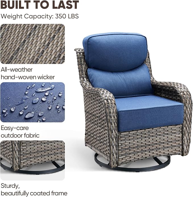 Swivel Patio Chairs Sofa Set of 4 with 6" Thick Cushion - Wicker Outdoor Swivel Rocker Patio Chair with Side Table, High Back Comfortable Outdoor Glider Chairs - Grey Wicker | Blue Cushions
