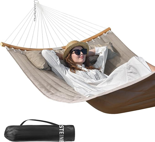 Double Hammock, 11 FT Quilted Fabric 2 Person Hammock for Outside with Pillow, Folding Curved Spreader Bar, Chains, Carrying Bag, Indoor Outdoor, 450 IB Capacity, BlanchedAlmond