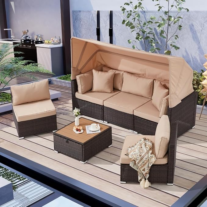 6 Piece Outdoor Patio Furniture Set with Sectional Sofa and Retractable Canopy, Adjustable Backrest Patio Conversation Sets for Backyard, Deck, Garden Lounge Seating