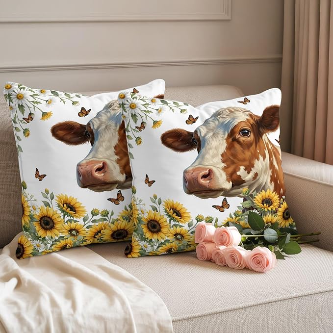 Cow Animal Outdoor Pillow Covers 18"x18" Set of 2, Yellow Sunflower Farmhouse Daisy Butterfly Waterproof Throw Pillow Covers for Patio Furniture, Decorative Cushion Covers for Porch