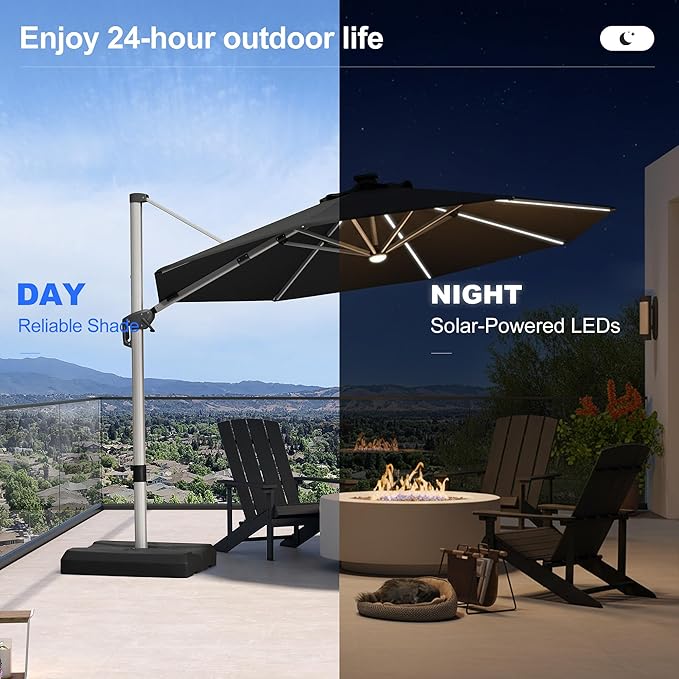 PURPLE LEAF 11ft Patio Umbrella with Lights Outdoor Round Cantilever Solar Powered LED Umbrella with 360-degree Rotation for Garden Deck Pool Patio, Black