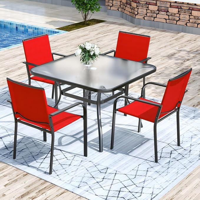 Anmutig 5-Piece Outdoor Patio Dining Set 37-Inch Square Glass Table with 4 Stackable Chairs for Lawn Backyard and Deck, Red