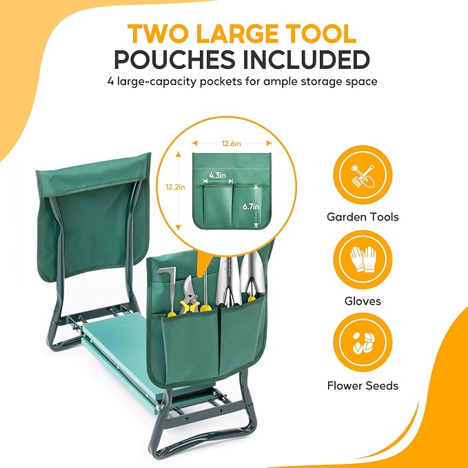Simple Deluxe Garden Kneeler and Seat, Foldable Kneeling Stool with Thicker EVA Foam Pad, Heavy Duty Bench with 2 Tool Pouches, Gifts for Outdoor Gardening, Fishing, Green.