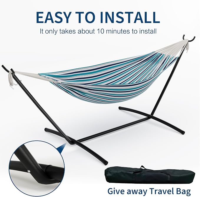 Double Hammock with Foldable Steel Stand and Carry Bag, 450LBS Weight Capacity Indoor Outdoor Standing Hammock, Portable Cotton Hammock for Garden Patio Camping Beach