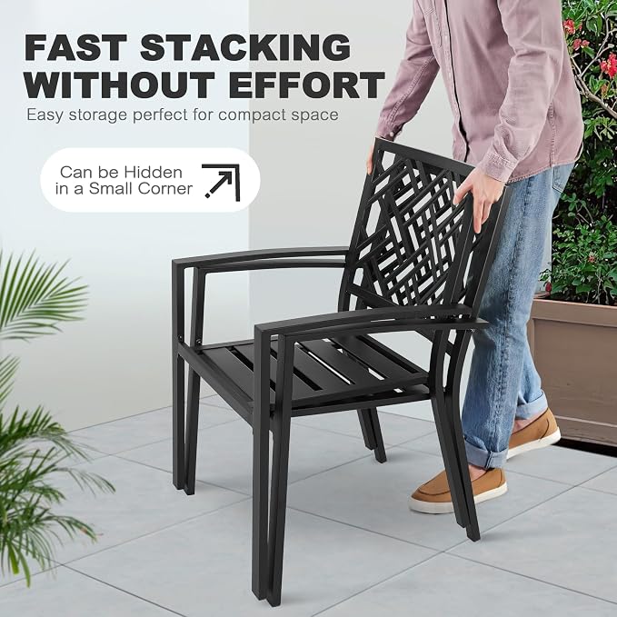 NUU GARDEN Outdoor 7-Piece Patio Dining Set, 6 Stackable Patio Dining Chairs and 61'' x 37'' Rectangle Table with Umbrella Hole, for Outdoor and Indoor Space, Patio, Deck, Garden, Backyard, Black