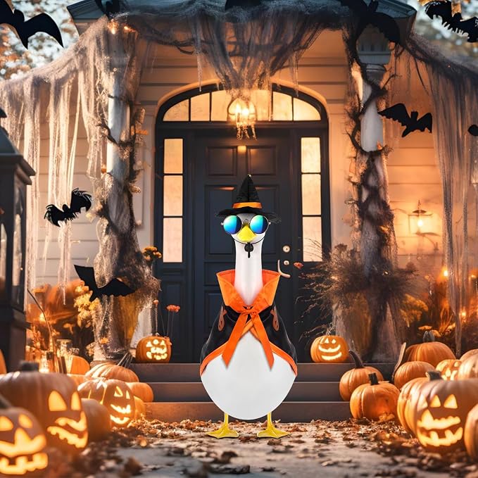 Halloween Porch Goose Outfits, Fall Goose Clothes Fits 17-23 in Statue | Goose Costume with Hat & Sunglasses for Cement Plastic Outdoor Patio Yard Lawn Duck Party Decoration