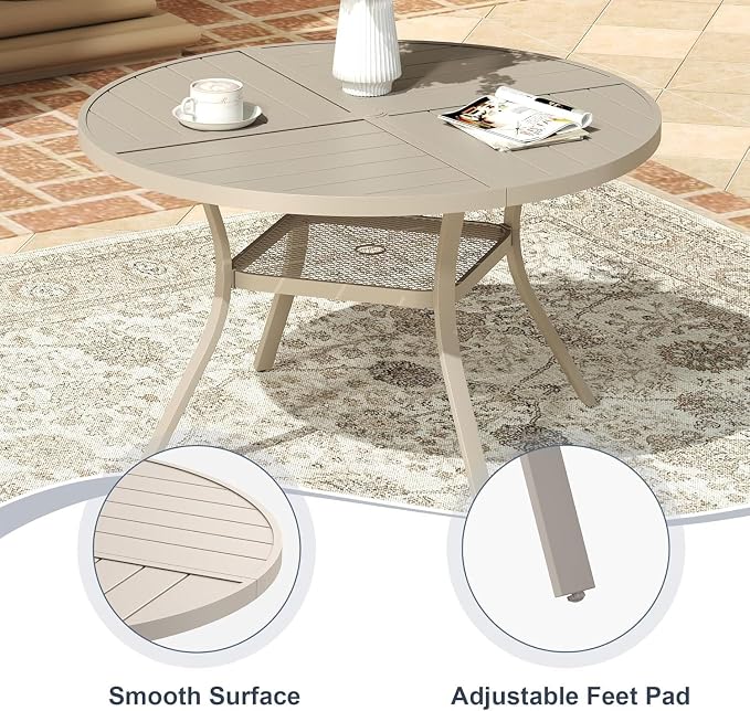 VICLLAX 5 Pieces Patio Outdoor Dining Set, 4 Swivel Textilene Chairs and 40.6" Round Metal Table with Umbrella Hole for Porch, Deck, Garden, Sandshell