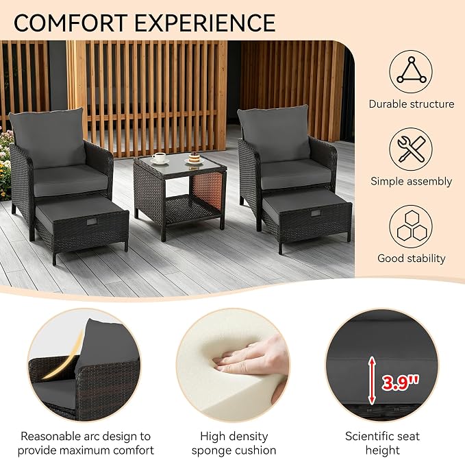 YLGJ&TIDY 5 Pieces Patio Furniture Set, Rattan Outdoor Lounge Chairs with Soft Cushions,Outdoor Wicker Patio Conversation Set with Hidden Ottoman and Coffee Table for Porch, Garden, Backyard (Gray)