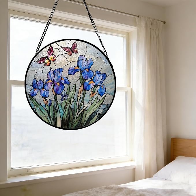 DASTOLL Stained Glass Window Hanging, Blue Iris Flowers Butterfly Suncatcher Diamond Colorful Glass Panel Sun Catchers Decor for Birthday for Women, Men, Wife, Aunt, and Mom 15x15 in
