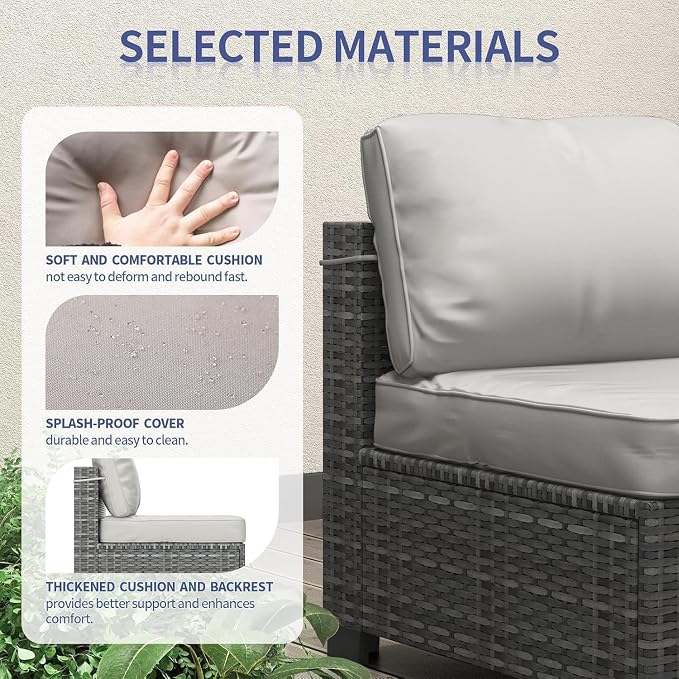 GarveeLife 7 Pieces Patio Furniture Set, Rattan Sectional Patio Sofa Set with 4 Sofas and One Coffee Table, Modular Outdoor Conversation Sofa Set for Garden, Backyard, Porch, Grey