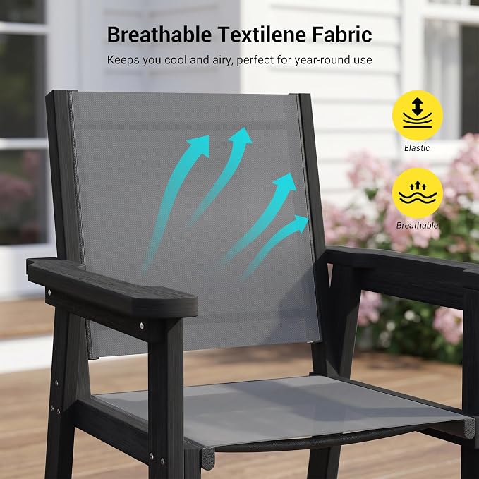 5-Piece HDPE Outdoor Dining Set for 4, Outdoor Table and Chairs | Weather Resistant Patio Table and Textilene Chairs set, Square Table with Umbrella Hole for Garden, Backyard and Lawn, Black
