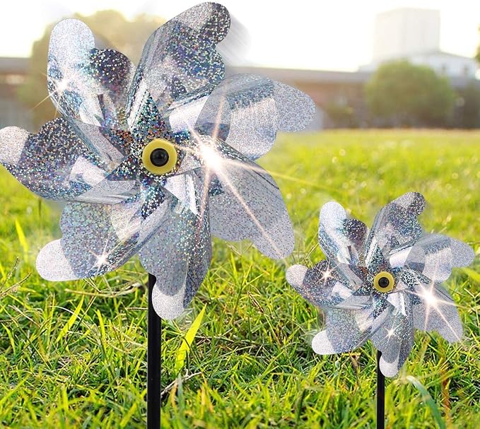 BATTIFE Preassembled Reflective Pinwheels for Yard & Garden, Silver, 10Pack | Sparkly Reflective Material Spinner, Spins Best in Steady Wind, Animal-Deterrent Results Vary by Placement and Conditions