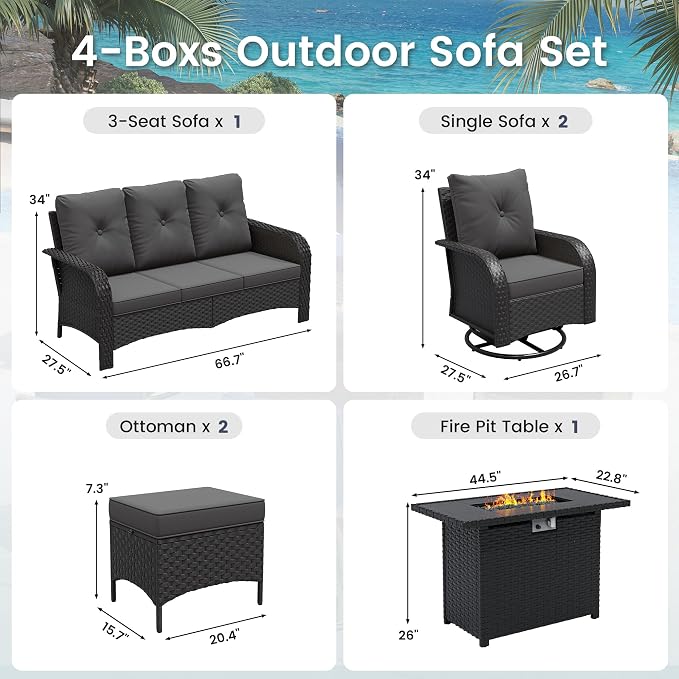 UDPATIO Patio Furniture Set with 44" Fire Pit Table, High Back 4 Swivel Rocker Chairs, Wicker Outdoor Conversation Sets with Thick Cushions & Ottoman, for Garden, Porch