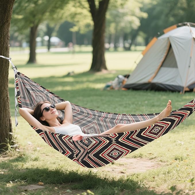 Camping Hammock Outdoor Hammocks for Outside Black Red Geometric Beach Trees Portable Lightweight with Pockets Tree Straps Indoor