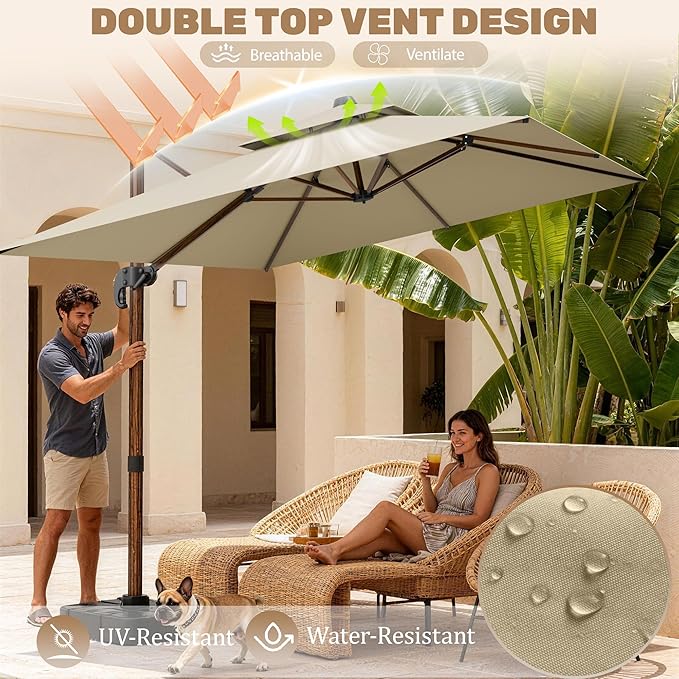 10x13FT Cantilever Outdoor Patio Umbrellas with Base, Double Top Wood Pattern Rectangle Umbrella, Heavy Duty 360°Rotation Offset Umbrella for Garden Deck Pool Patio, Beige