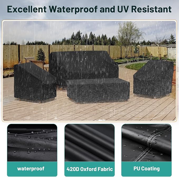 Mrrihand Patio Furniture Covers, 4 Piece Outdoor Furniture Cover Waterproof includ Ourdoor Sofa Cover, 2 Chair Covers, Coffee Table Cover with Windproof Buckle Strap and Adjustable Drawstring-Black
