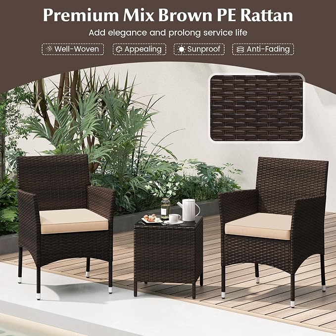RELAX4LIFE 3-Piece Patio Furniture Set - Rattan Wicker Outdoor Conversation Set w/Cushions & Glass Coffee Table, Balcony Furniture for Porch Garden Backyard, Bistro Table and Chairs Set of 2 (Beige)