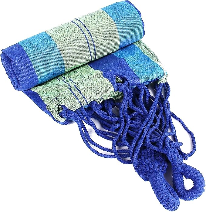 XL Double Brazilian Hammock 260x150cm - Soft Cotton Fabric for 2 People - Ideal for Backyard, Patio, Porch - Indoor/Outdoor Swing Bed with 2 Hanging Ropes Blue