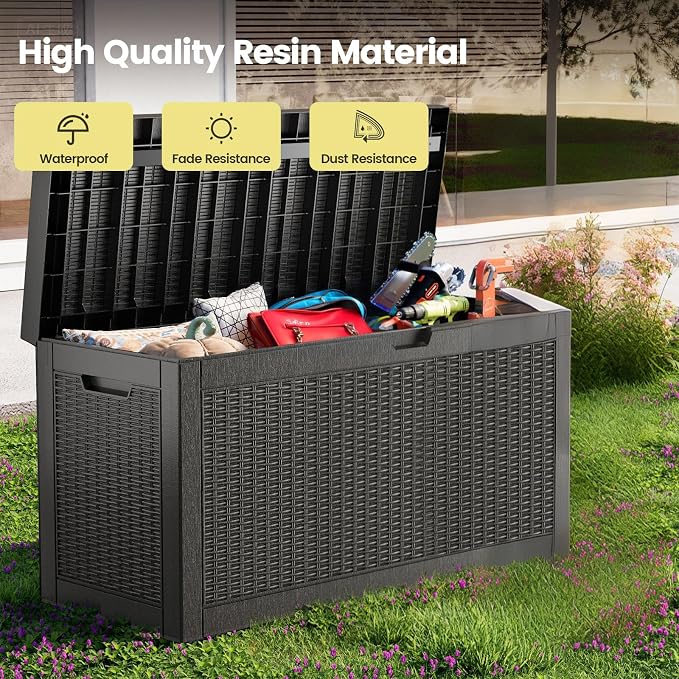 Zapdos Outdoor Storage Box, 60 Gallon Deck Box Indoor and Outdoor Use, Waterproof Resin Rattan Storage Bin for Package Storage Patio Cushions Gardening Tools, Fade Resistant, Lockable, Black