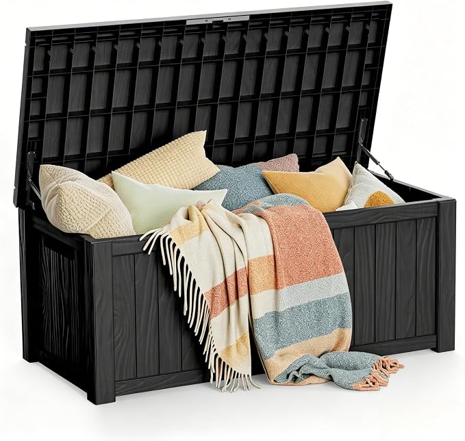 Outdoor Storage Deck Box, Large Patio Container for Garden Tools, Cushions and Yard Accessorie.Lockable Waterproof Resin Weatherproof Storage Container (Black, 150 Gallon)