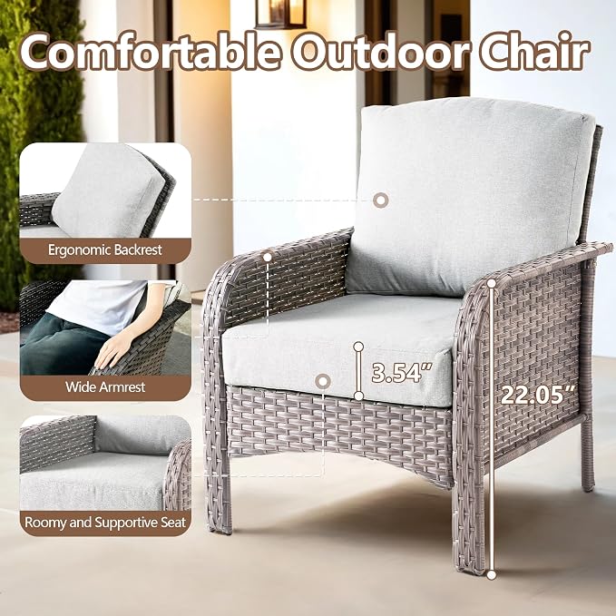 2 PCS Outdoor Patio Furniture Set with Thickened Cushions, All-Weather Rattan Wicker Outdoor Conversation Set for Porch,Backyard,Balcony,Grey
