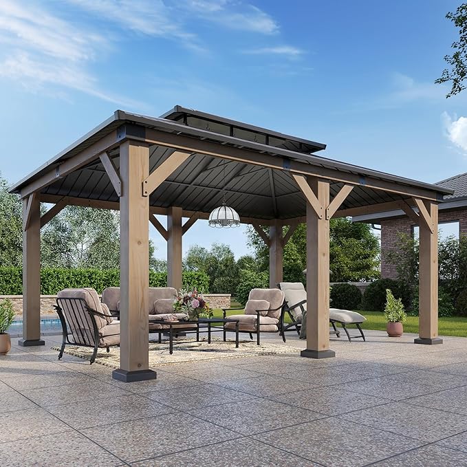 Aoxun 12' x 20' Outdoor Wood Gazebo, Hardtop Gazebo Permanent Wooden Pavilion with Galvanized Steel Double Roof, for Patio, Garden, Backyard, Cedar Wood, Grey