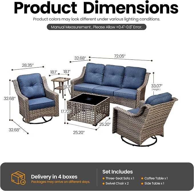 5 PCS Patio Conversation Set, All-Weather Rattan Wicker Outdoor Patio Furniture Sets with High Back Swivel Rocker Chair, Solar Light Coffee Table for Porch,Backyard,Balcony,Denim Blue