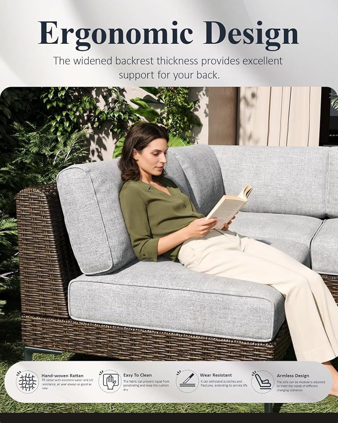 LayinSun 5-Piece Wicker Rattan Patio Furniture Set, Deep Seating Outdoor Modular Sectional Sofa Conversation Set with Thick Cushions for Lawn, Garden