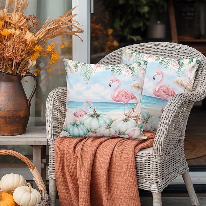 Coastal Fall Throw Pillow Covers 24x24 Inch Set of 2, Thanksgiving Waterproof Outdoor Pillow Covers, Flamingo Pumpkins Eucalyptus Decorative Cushion Pillowcases for Couch, Sofa, Bed, Garden, Patio