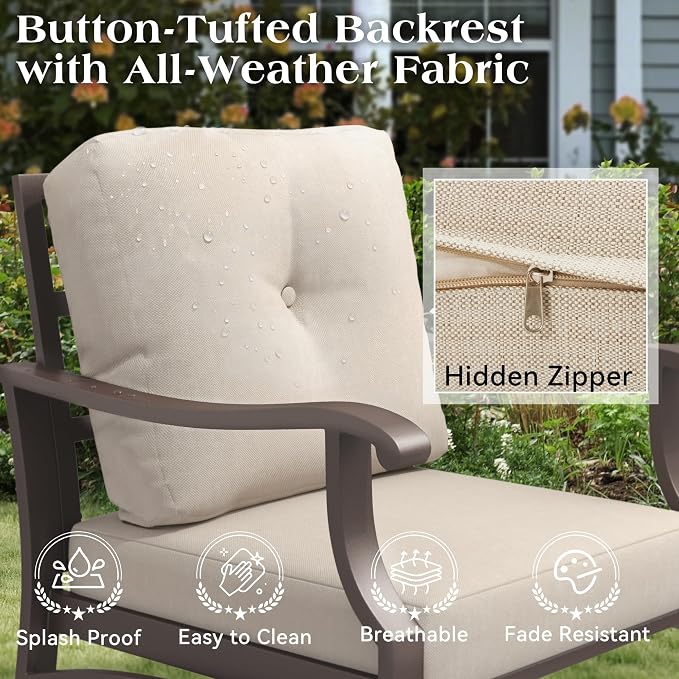 4 Piece Patio Furniture Set, Metal Outdoor Conversation Set w/3-Seat Sofa, 2 Rocking Swivel Chairs, Side Table, Patio Bistro Set w/5" Thickened Cushions for Backyard, Poolside, Beige