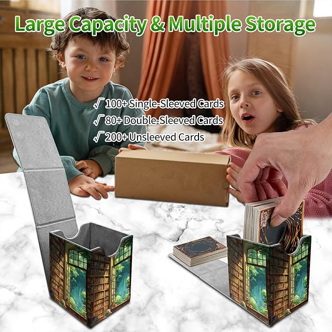 Library Window Card Deck Box for MTG, Personalized Card Storage Case Fits 120+ Sleeved Cards, Premium Leather TCG Box with Strong Magnetic Closure for Magic, CCG, PTCG, Baseball Cards