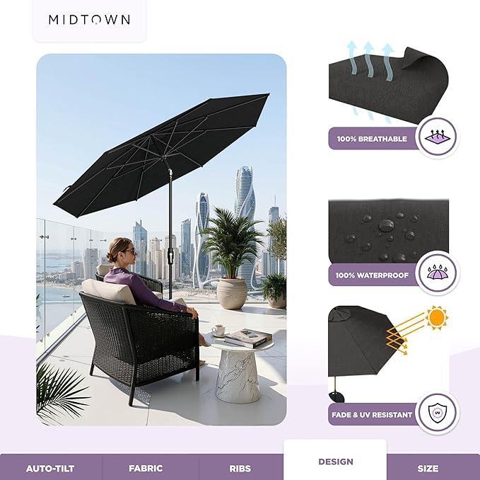 Midtown Umbrellas – The Swilt 10 Ft Patio Umbrella with 360° Swivel & Tilt Mechanism, Sunbrella Fabric & 8 Fiberglass Ribs – Outdoor Umbrella for Deck, Pool & Cafes – Spectrum Carbon Canopy, Black Pole