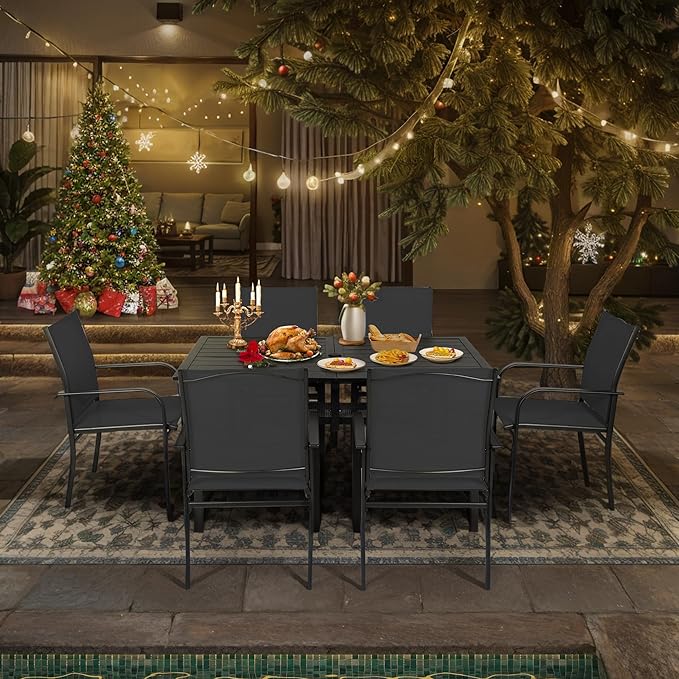 Crownland 7 Piece Patio Dining Set, Outdoor Textilene Dining Sets, 6 Textilene Metal Chairs and Rectangular Outdoor Dining Table with 1.57" Umbrella Hole,Black