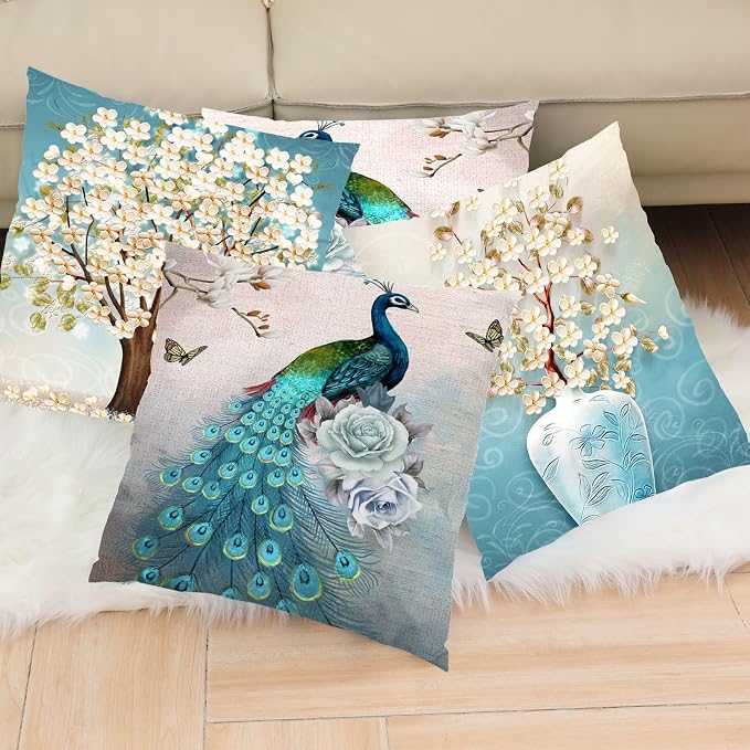 16x16 Peacock Pillow Case Set of 4, Blue Peacock Print Throw Pillow Covers, Decorative Velvet Square Cushion Covers with Zipper for Living Room Couch Sofa Decor