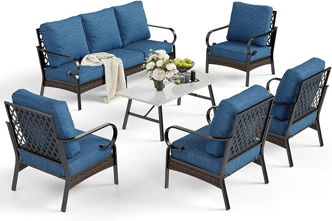 SUNSHINE VALLEY 6 Piece Metal Outdoor Patio Furniture Set, Patio Conversation Sets with 3-seater Couch, 4 Single Sofa (5.75" Extra Thick Cushion) & Coffee Table, Black Frame Backyard Furniture, Blue-2