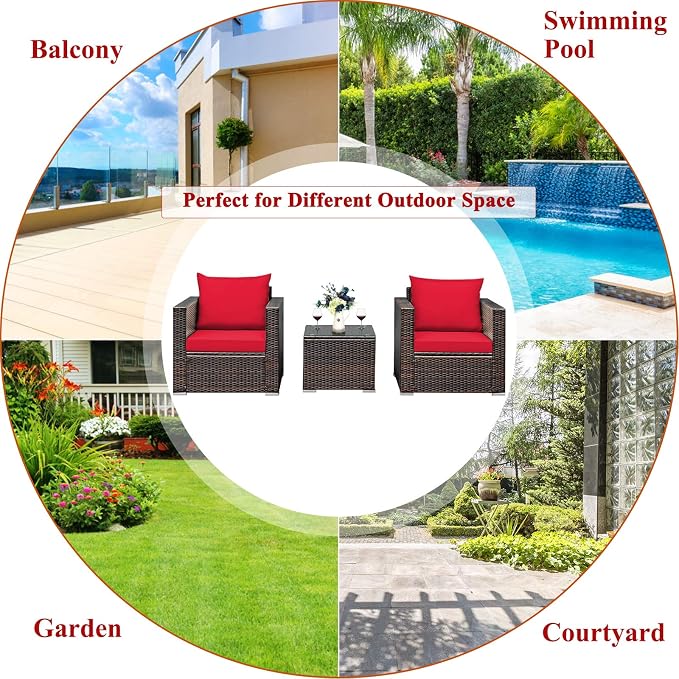 COSTWAY 3-Piece Patio Furniture Set, Outdoor Wicker Rattan Sofa with Cushions and Coffee Table with Tempered Glass, Modern Conversation Chair Set for Poolside Backyard Balcony Lawn (Red)