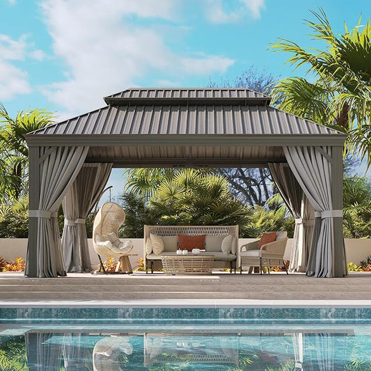 Aoxun 12' X 16' Hardtop Gazebo with Drainage System, Aluminum Outdoor Gazebo with Galvanized Steel Double Roof, Patio Permanent Metal Pavilion with Textilene Netting, for Garden, Deckyard, Pool, Grey