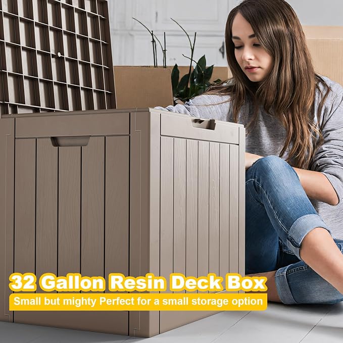 32 Gallon Outdoor Storage Box - Deck Box Container for Patio, Pool, and Garden-Waterproof and UV Resistant Resin,Lockable (Grey)