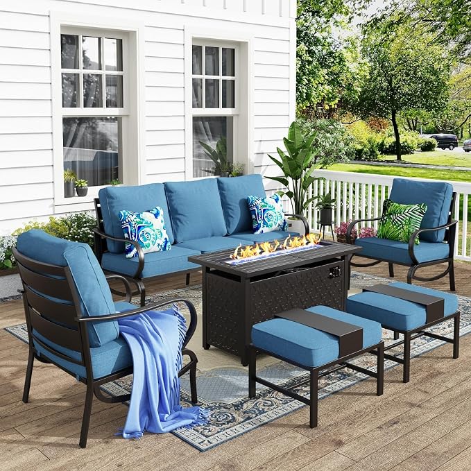 MFSTUDIO 6 Pieces Patio Furniture Sets with 45" Gas Fire Pit Table(Up to 7 Seat), Outdoor Metal Frame Patio Conversation Sofas with 1 x 3-Seat Sofa, 2 Sofa Chairs and 2 Ottoman, Navy Cushion
