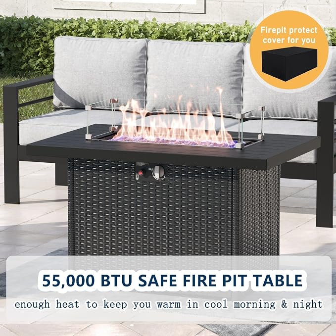 4 Pieces Aluminum Outdoor Patio Furniture Set with Fire Pit Table, Modern Metal Conversation Sofa Set with Deep Seating